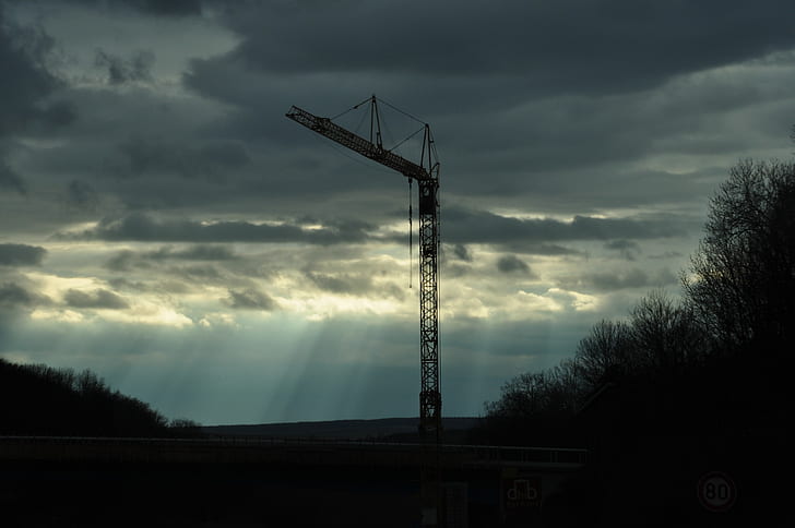 landscape, cranes (machine), sky, HD wallpaper