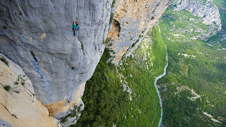 sports, mountains, climbing, rock, green, river, HD wallpaper