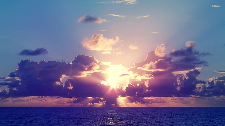sunset over the horizon, sky, sunlight, sea, water, clouds, nature, HD wallpaper
