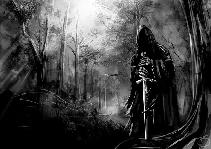 greyscale digital wallpaper, evil, sword, dark, Nazgûl, artwork