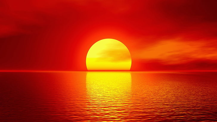 sunset, nature, sea, orange Color, reflection, red, sky, summer, HD wallpaper