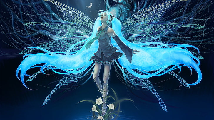 Vocaloid, Hatsune Miku, wings, open mouth, flowers, tie, anime