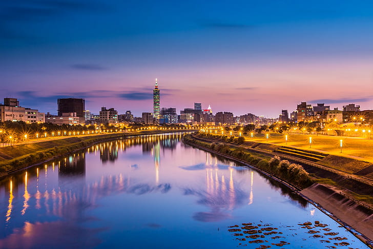 China, Taiwan, Taipei, city, river, evening, blue, pink, sky, HD wallpaper