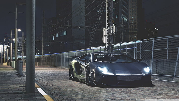 black sports coupe, Lamborghini, Lamborghini Aventador, night