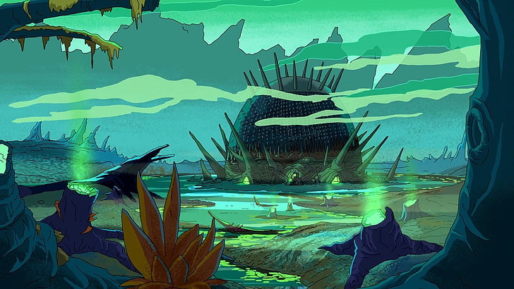 brown and green swamp illustration, Rick and Morty, vertebrate