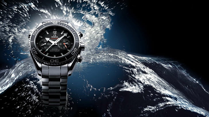 Omega Seamaster HD, round black chronograph watch with black link bracelet, HD wallpaper