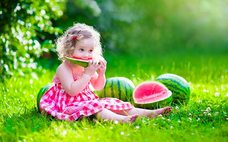 girl's pink and white spaghetti strap mini dress, children, grass, HD wallpaper