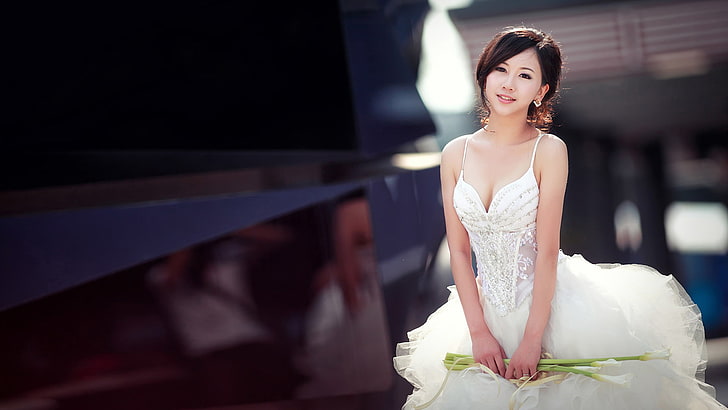 women, model, photography, Asian, wedding dress, brides, cleavage