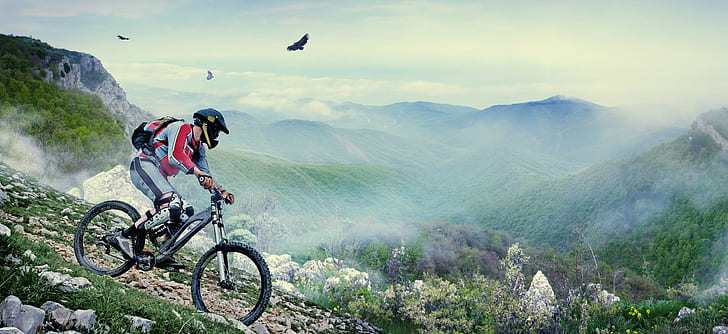 Bicycle man, helmet, Birds, mountains, HD wallpaper