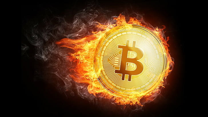 money, bitcoin, cryptocurrency, gold, metal, flaming