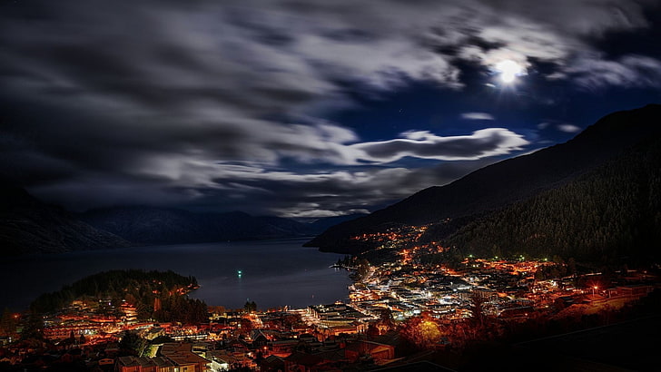 gray and blue clouds, lake, town, night, cloud - sky, storm, water