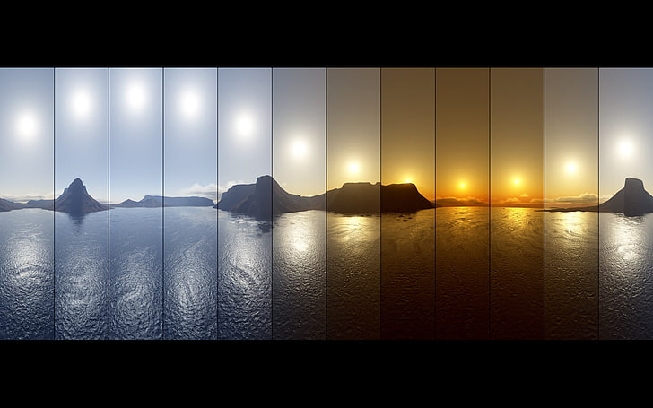 panel photo of sea, time lapse photography of mountain and body of water
