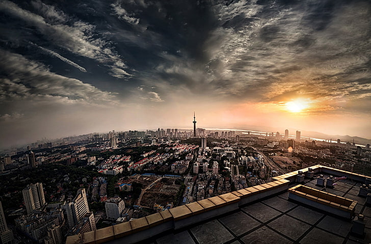buildings, city, cityscape, sunset, sky, clouds, rooftops, Nanjing, HD wallpaper