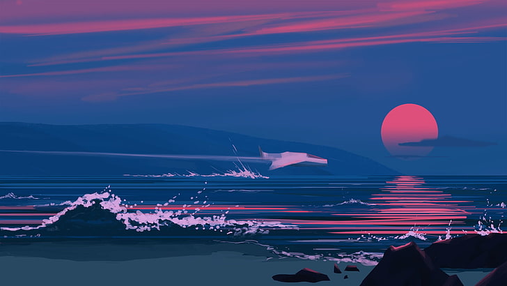sea waves artwork, water, illustration, sunset, mountains, sky