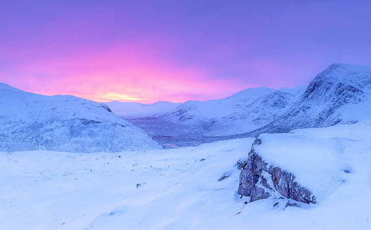 Pink Sunrise, Snowy Mountains, Winter, snow mountains, Seasons, HD wallpaper