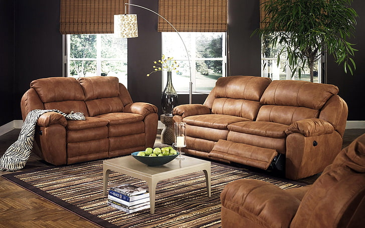 Hd Wallpaper Brown Leather Sofa Set, Brown Leather Couch And Chair Set