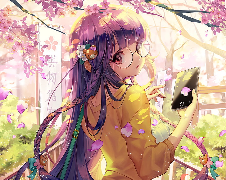 furyou michi gang road, anime girl, glasses, sakura tree, cute, HD wallpaper