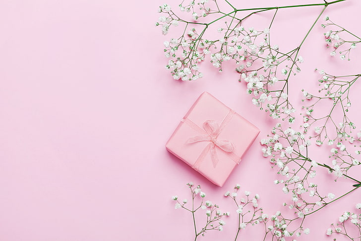 flowers, background, gift, pink, beautiful, romantic, present, HD wallpaper