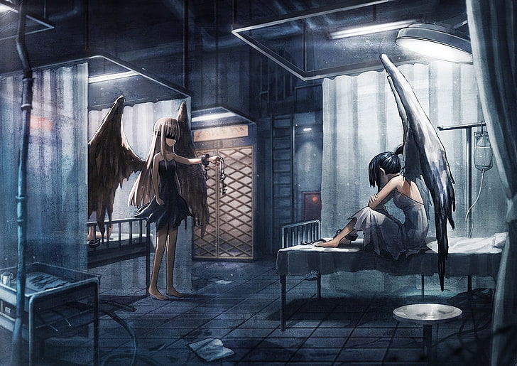 angel, hospital, anime girls, wings, full length, women, real people, HD wallpaper