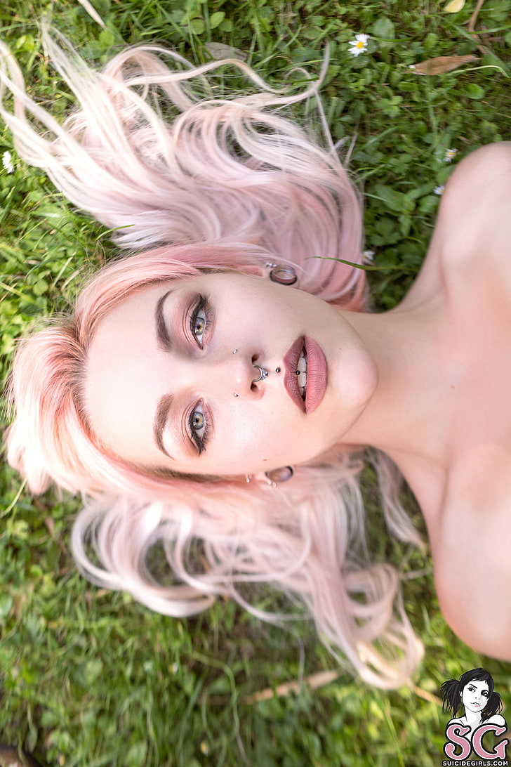 women, pink hair, tattoo, garden, long hair, grass, plants