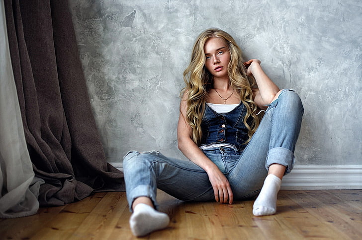 women, blonde, jeans, hair, one person, sitting, full length