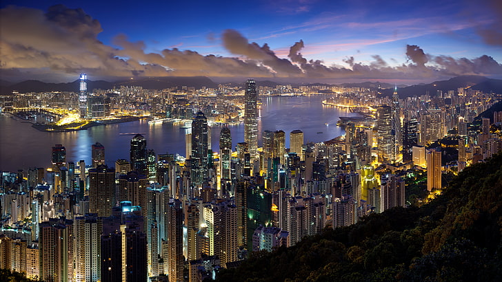 cityscape view of city during nighttime, clouds, lights, hong Kong