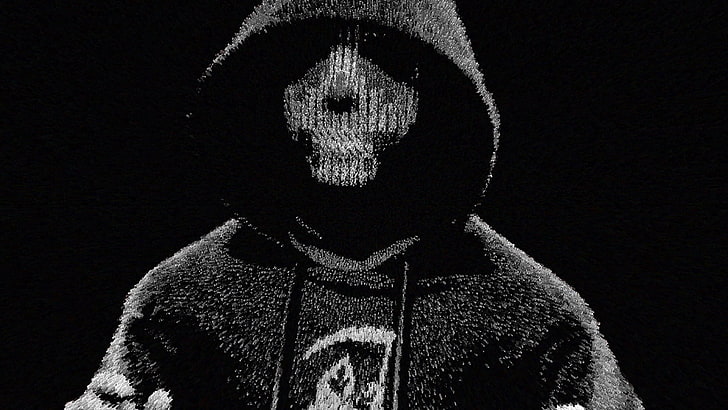 men's black pullover hoodie, DEDSEC, skull, artwork, monochrome