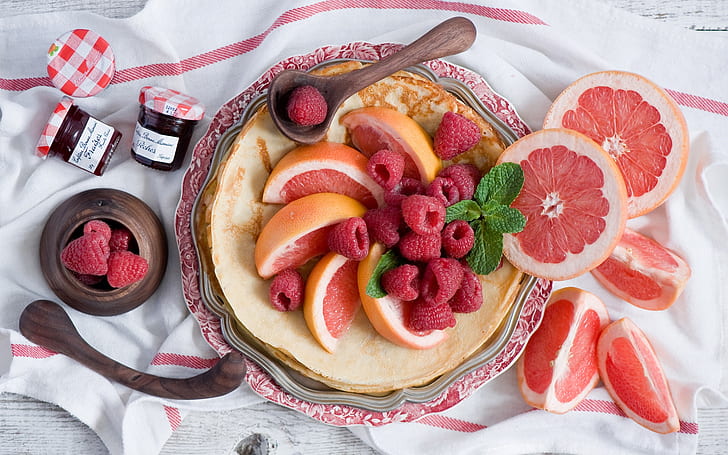 Pancakes, fruit, grapefruit, berries, raspberry, HD wallpaper