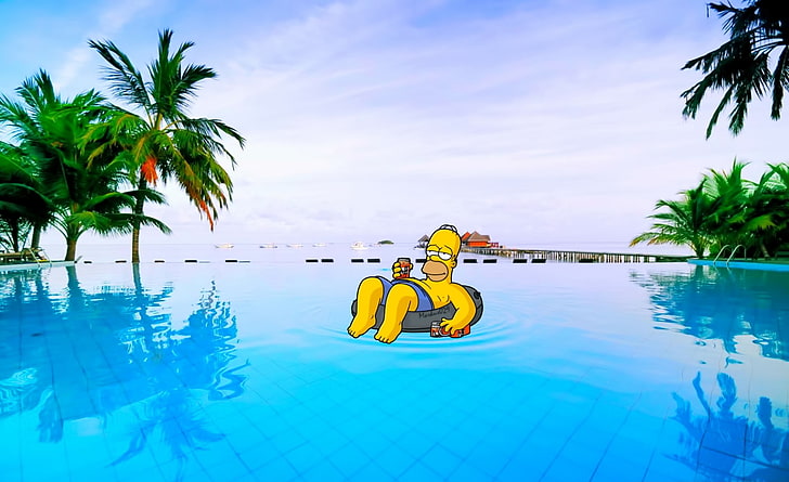 Homer Summer, Homer Simpson, Cartoons, The Simpsons, water, swimming pool, HD wallpaper