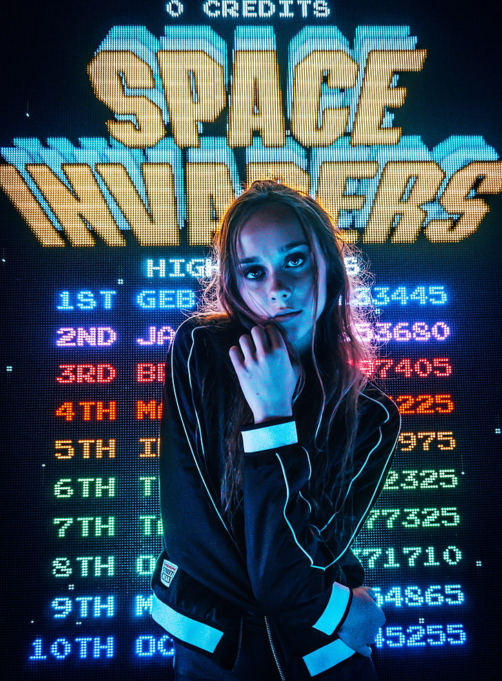 women, neon, Space Invaders, one person, adult, young adult