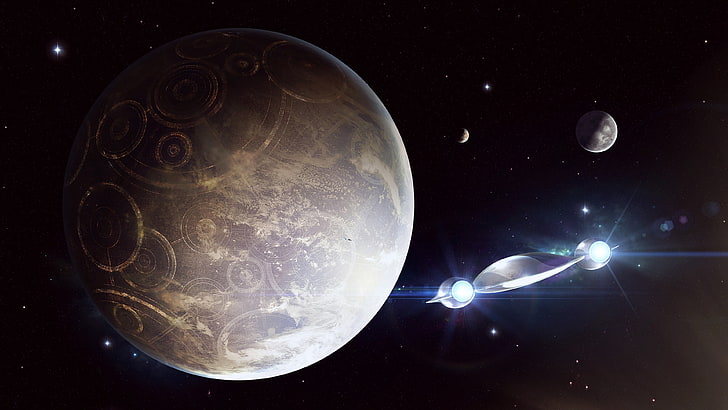 gray planet and spaceship digital art, artwork, fantasy art, astronomy