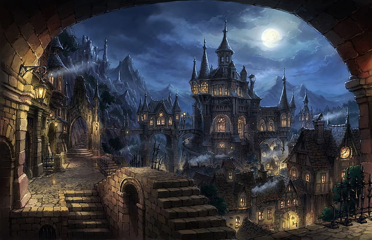 black castle digital wallpaper, illustration of castle and houses