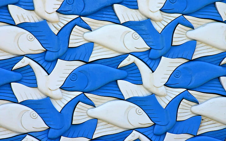 3d, animals, artwork, birds, blue, fish, M. C. Escher, plastic