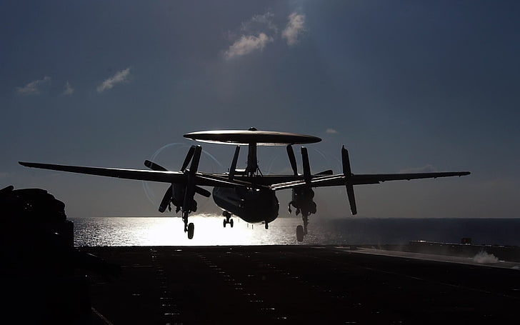 silhouette of plane, airplane, E-2 Hawkeye, warplanes, sky, transportation