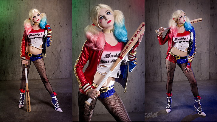 Harley Quinn illustration collage, women, cosplay, standing, casual clothing, HD wallpaper