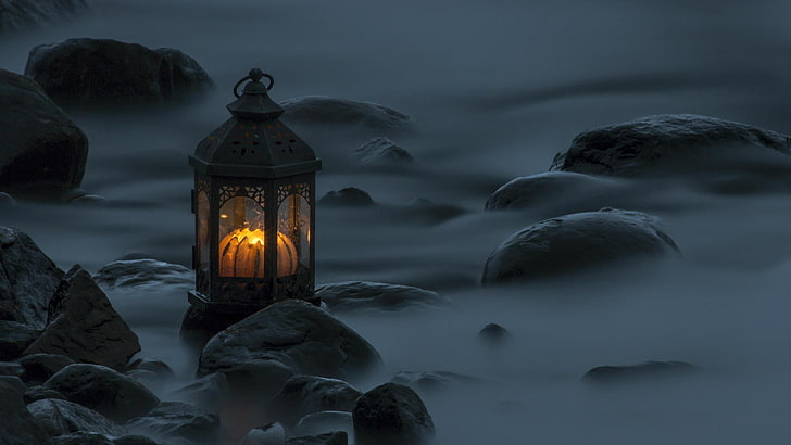 black and white table lamp, candles, lantern, mist, illuminated