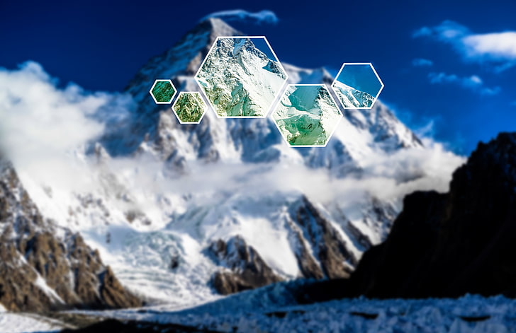 snowy mountain, mountains, hexagon, blurred, cold temperature, HD wallpaper