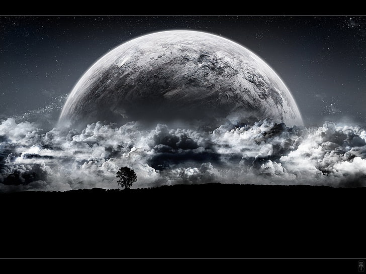 clouds and full moon wallpaper, space, digital art, planet, sky