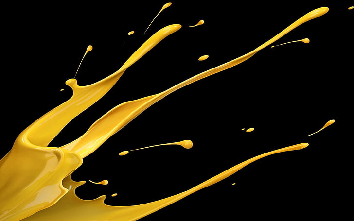 yellow paint, abstract, black background, paint splatter, paint splash, HD wallpaper