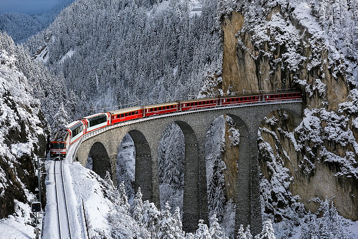 winter, bridge, view, train, Bernina express, HD wallpaper