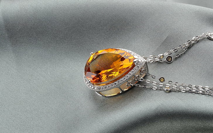 Large orange stone necklace, orange gemstone silver chain necklace, HD wallpaper