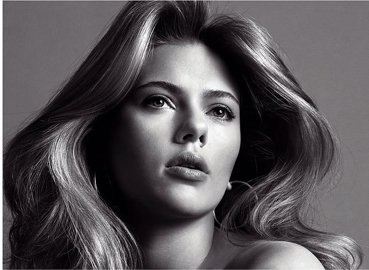 Scarlett Johansson, actress, face, monochrome, women, portrait, HD wallpaper