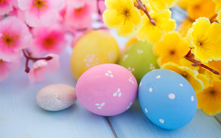 Easter, flowers, eggs, spring, four easter eggs, HD wallpaper