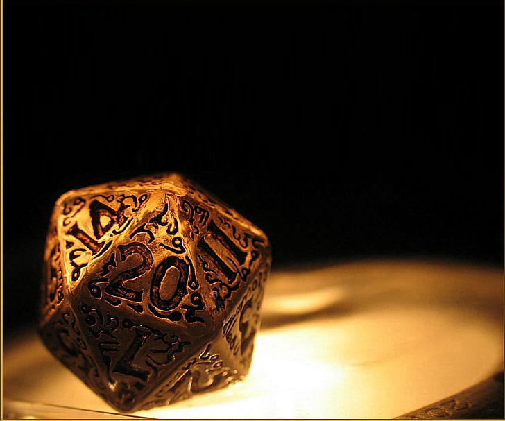 gold-colored and black ring, dice, Dungeons and Dragons, black background