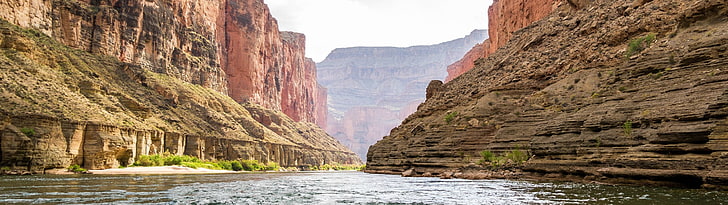 water body between rock formation, Grand Canyon, river, multiple display
