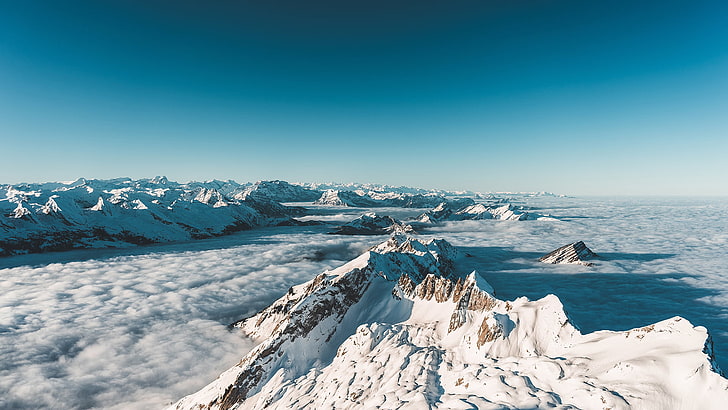 aerial photography of mountain covered by snow, mountains, clouds