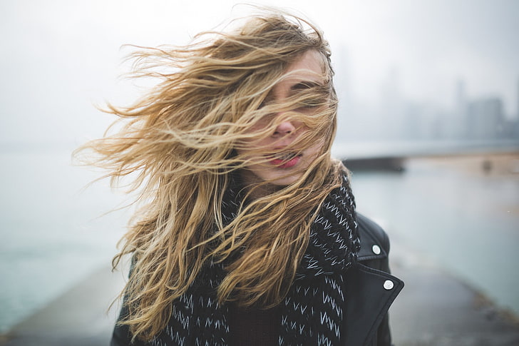 women, hair in face, windy, scarf, long hair, one person, hairstyle