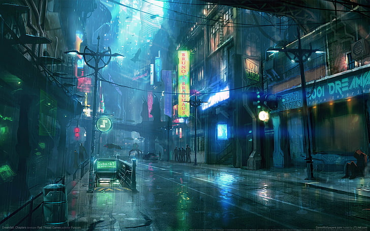 LED signages, night, city, the city, rain, game wallpapers, Dreamfall: Chapters
