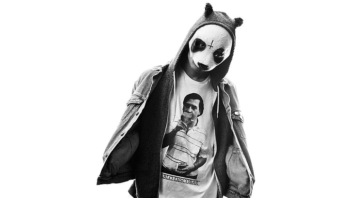 men's panda costume grayscale photo, cro, carlo waibel, german singer