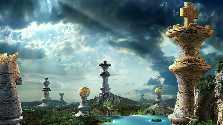 Chess, clouds, digital art, fantasy Art, Hill, horse, island